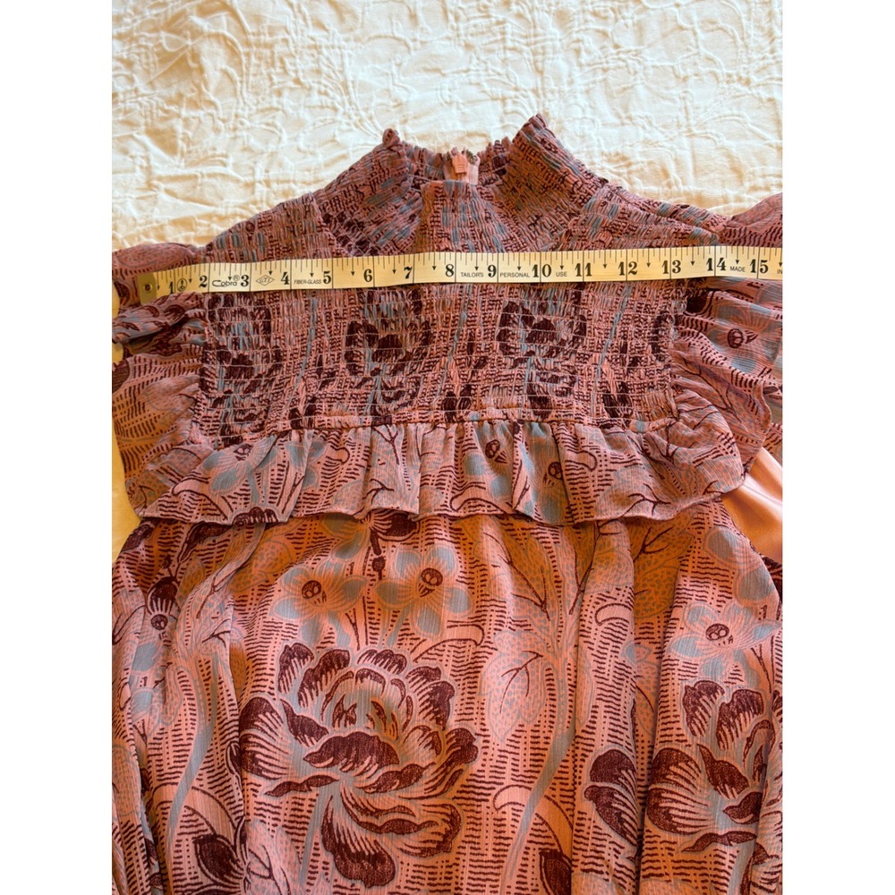 Likely Pink Floral Smocked High Neck Ruffle Midi Levine Dress Size 8 - Picture 8 of 9